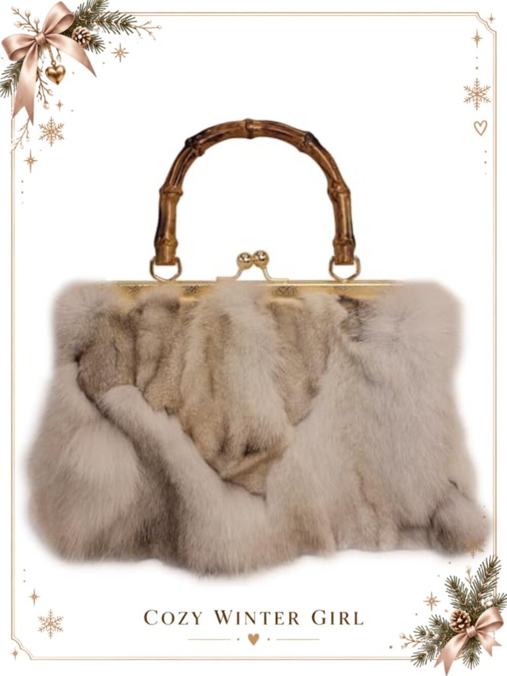 Real Fox Fur Handbag Vintage Kisslock Purse Bamboo Handle Patchwork